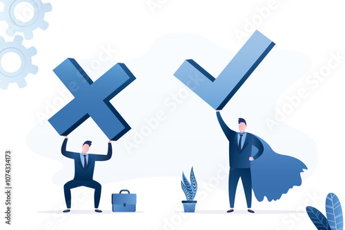 Businessman or employee holds or tries to lift giant cross mark, restrictions in business. Strong entrepreneur hero with check mark, confidence and brave. Winner and loser