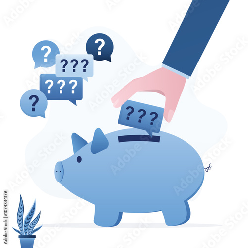 Hand putting speech bubble with question mark in piggy bank. Confusion, doubt, trouble and complexity. Search for answers, person accumulates questions and unsolved problems