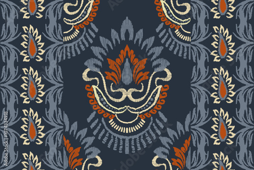 Embroidered Ikat flower pattern on a black background. Traditional ethnic ikat, Aztec abstract vector pattern, seamless pattern in tribal, folk embroidery and Mexican style.