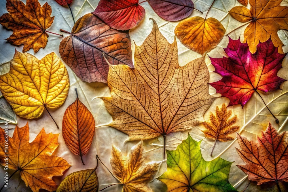 Obraz premium High Dynamic Range Dry Pressed Autumn Leaves Herbarium on Background for Nature Lovers