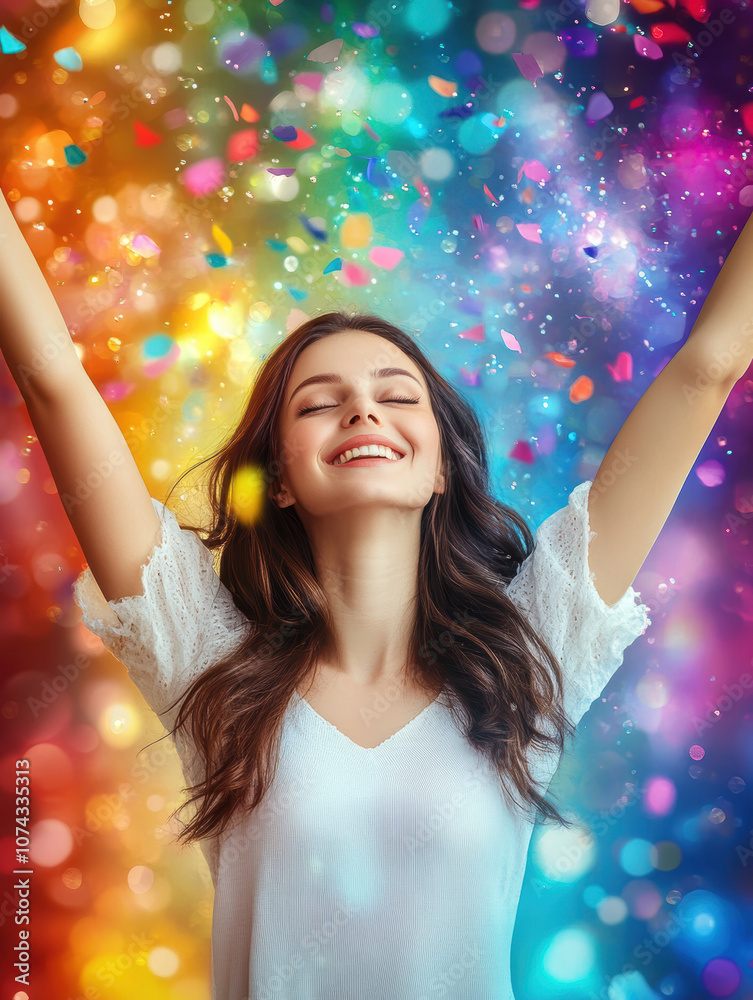 oung woman, celebrating with her arms raised high in the air, surrounded by colorful confetti. AI generative. oung woman, celebrating with her arms raised high in the air, surrounded by colorful confetti. AI generative.
