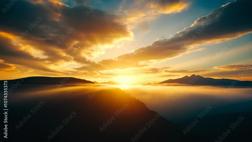 Dramatic mountain silhouettes frame a breathtaking sunset sky ablaze with golden clouds. Rich amber sunlight pierces through layered cloudscape, creating a mesmerizing interplay of light and shadow. Dramatic mountain silhouettes frame a breathtaking sunset sky ablaze with golden clouds. Rich amber sunlight pierces through layered cloudscape, creating a mesmerizing interplay of light and shadow.