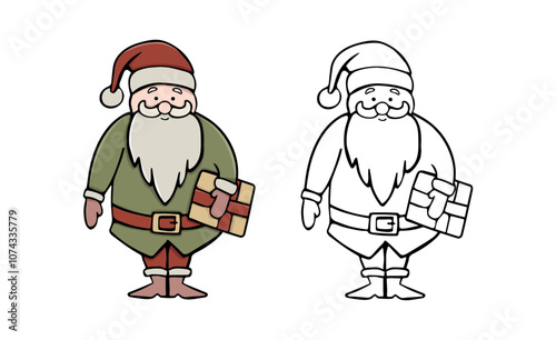 santa claus holding a gift box vector drawing for coloring