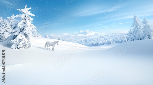 Majestic white horse stands gracefully in a serene winter wonderland landscape