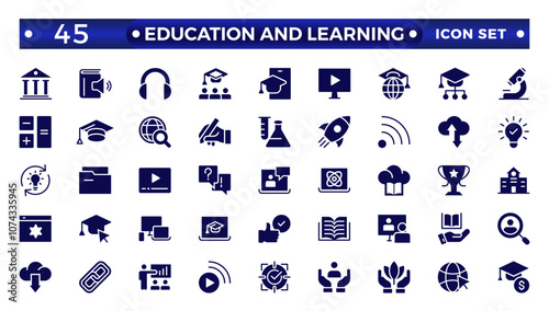 Education and Learning solid icons set. Education, School, Learning, university, textbook.Containing video tuition, e-learning, online courses, educational websites, and digital education icons. 
