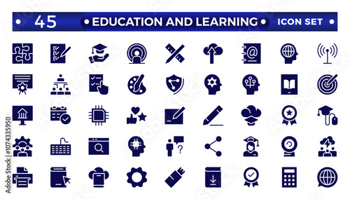 Education and Learning solid icons set. Education, School, Learning, university, textbook.Containing video tuition, e-learning, online courses, educational websites, and digital education icons. 
