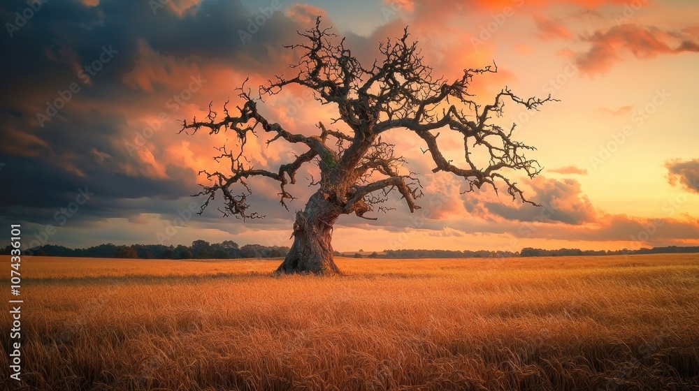 Fototapeta premium Ancient Oak Tree Stands Solitary in Golden Meadow at Dramatic Sunset