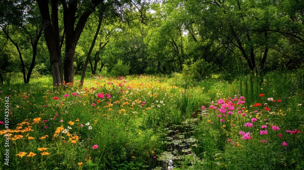 Serene Meadow with Vibrant Wildflowers and Stream Serene Meadow with Vibrant Wildflowers and Stream