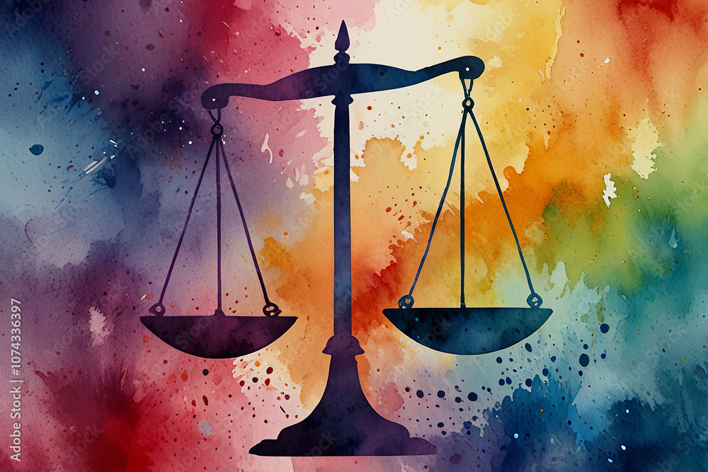 Vibrant Watercolor Illustration of a Balanced Scale Symbolizing Justice and Equality with Bold, Artistic Brushstrokes