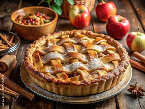 Homemade Apple Pie in a Rustic Kitchen Setting with Warm Lighting and Fresh Ingredients