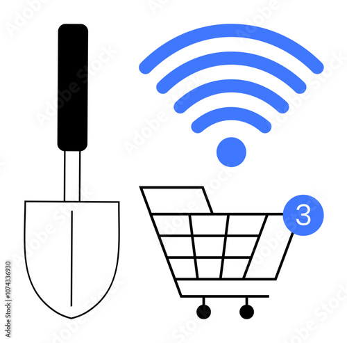 Shopping cart with notification, wireless signal, and garden trowel highlighting online retail themes. Ideal for e-commerce, gardening, wireless technology, digital shopping, notifications, internet