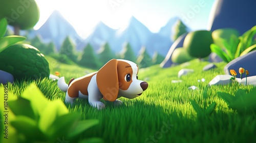 Wallpaper Mural Cartoon Beagle Sniffing in Lush Green Environment Torontodigital.ca