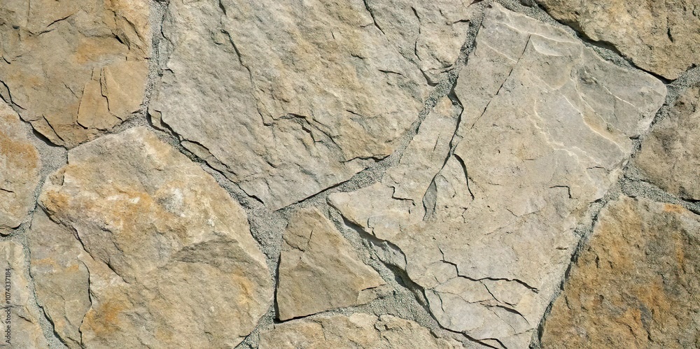 Fototapeta premium Detailed image of a stone wall with variously sized and shaped stones, highlighting the rugged and natural appearance