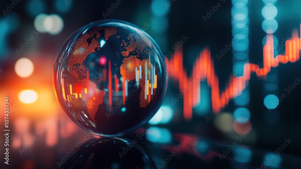 A globe with world map overlays and financial graphs, symbolizing global markets and trends.