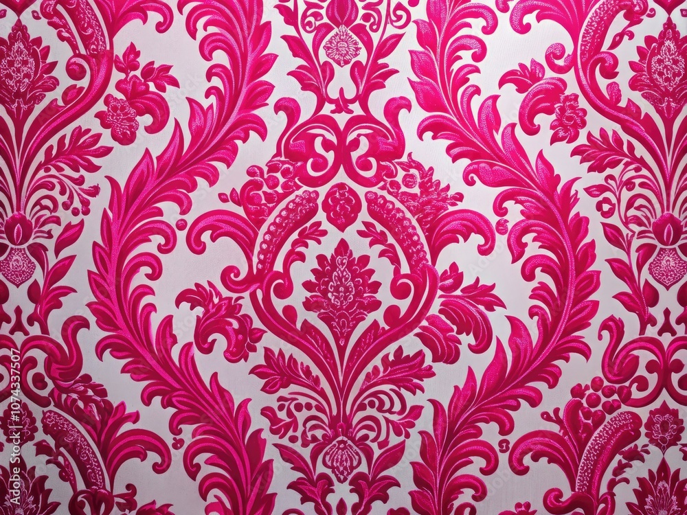 Hot Pink Damask Pattern on White Background - Elegant Wallpaper Design for Interior Decor Hot Pink Damask Pattern on White Background - Elegant Wallpaper Design for Interior Decor