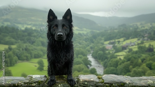 Majestic black dog stands proudly on stone wall overlooking lush green valley landscape photo