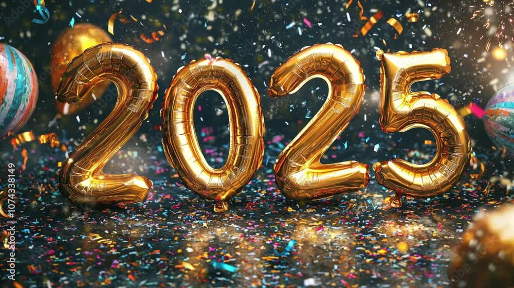 The golden foil balloons form the numbers of 2025 for new year eve celebration video footage. The golden foil balloons form the numbers of 2025 for new year eve celebration video footage.
