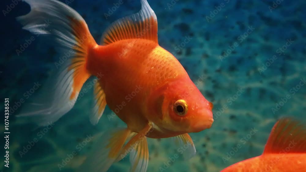 The Fantail Goldfish, tank swimming, is a goldfish that possesses an egg-shaped body, a high dorsal fin, a long quadruple caudal fin, and no shoulder hump. 4k Video