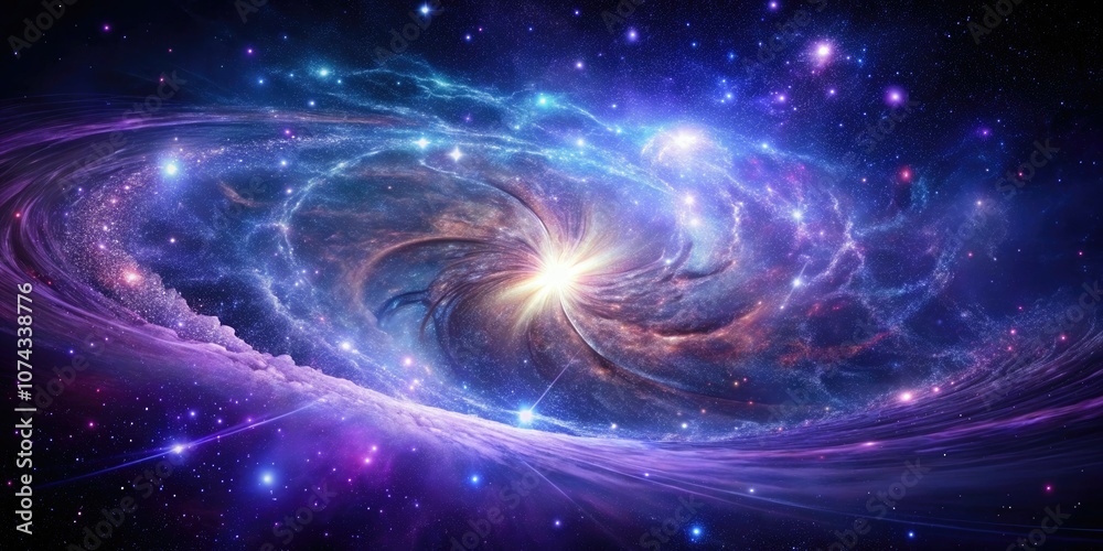 Fototapeta premium In a cosmic ballet, deep indigo and purple swirl as galactic magnetic fields unite, illuminating the universe and revealing the enchanting beauty of celestial forces.