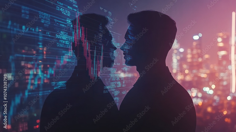 A silhouette of two people facing each other against a backdrop of digital data and city lights. A silhouette of two people facing each other against a backdrop of digital data and city lights.
