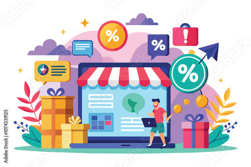 An ecommerce strategy showcases discounts and promotions to attract online shoppers effectively, Ecommerce marketing strategy with shop discount and flat illustration.