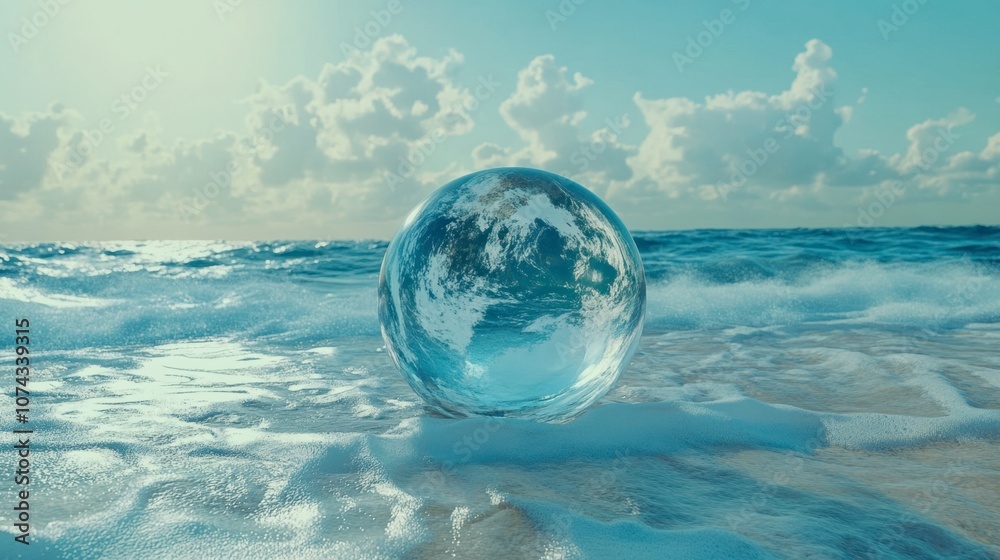 Crystal Ball on Ocean Waves with Cloudy Sky Crystal Ball on Ocean Waves with Cloudy Sky