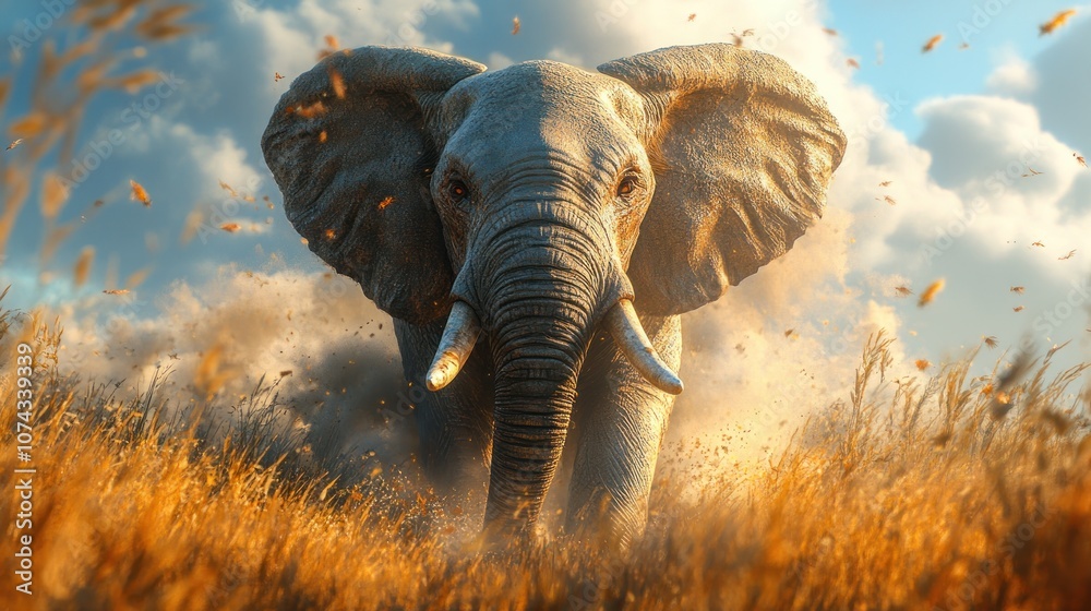 Fototapeta premium A powerful elephant stands in a field of tall grass, with dust and sunlight behind it.