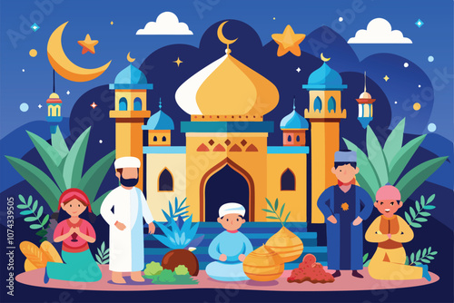 A colorful backdrop featuring a mosque with people engaged in traditional Eid celebrations and gatherings, Eid Mubarak background with flat illustration.