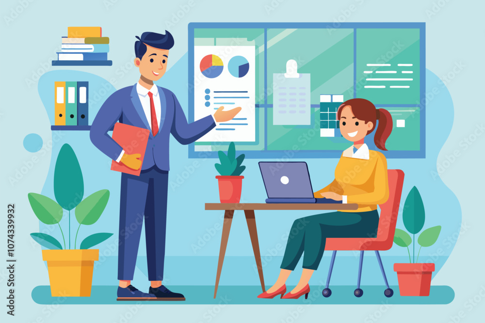 A person is presenting project updates to a manager in a bright office with charts and plants around, Employee presenting to manager, flat illustration. A person is presenting project updates to a manager in a bright office with charts and plants around, Employee presenting to manager, flat illustration.