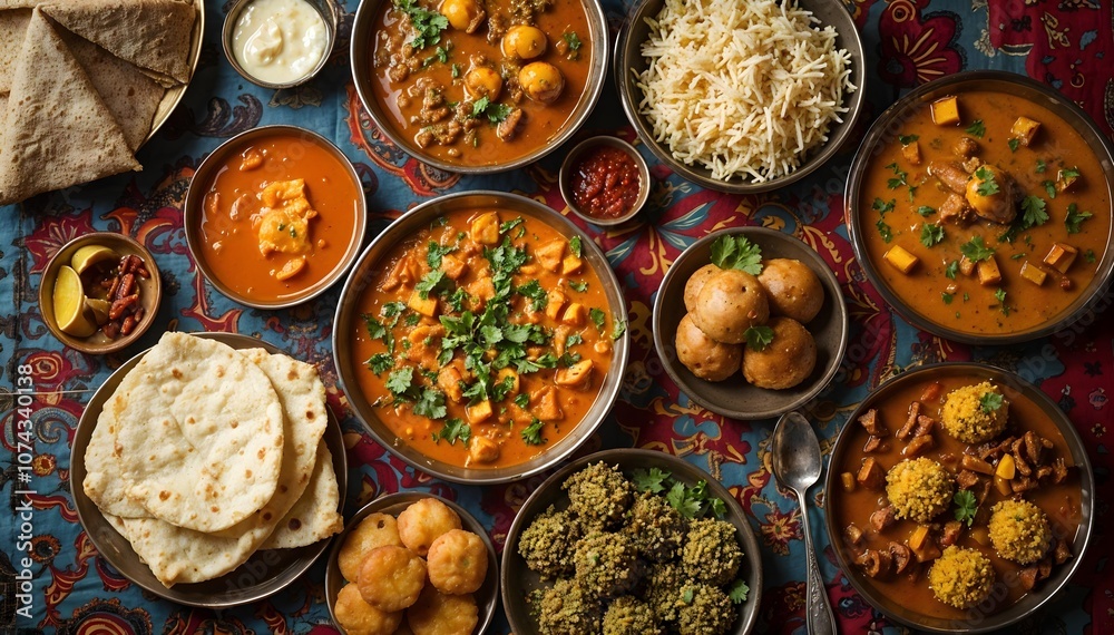 Traditional Indian Thali with Various Curries Traditional Indian Thali with Various Curries