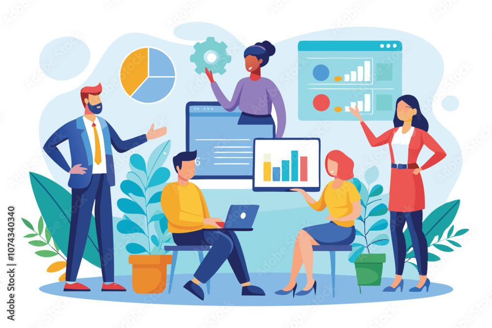 Employees are discussing data visualization and analysis during a team presentation, Employees are presenting information using a flat illustration. Employees are discussing data visualization and analysis during a team presentation, Employees are presenting information using a flat illustration.