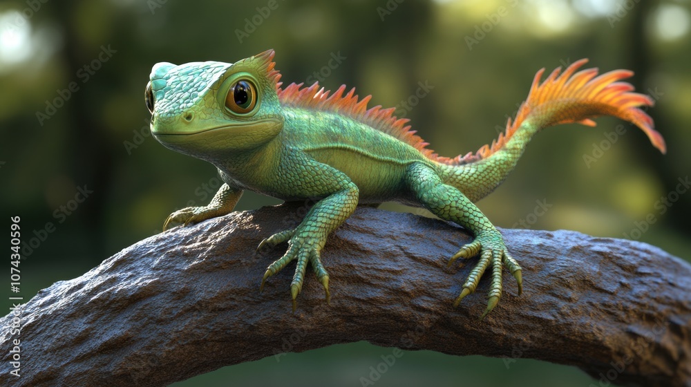 Colorful 3D Cartoon Lizard with Bright Tail on a Branch Colorful 3D Cartoon Lizard with Bright Tail on a Branch