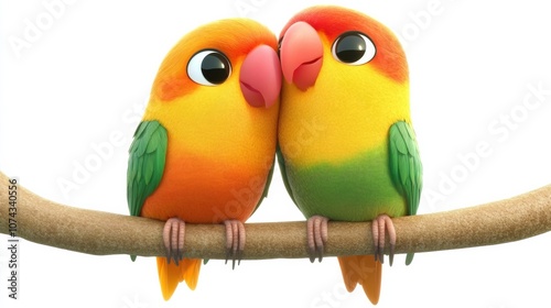 Cute 3D Cartoon Lovebirds Cuddling on a Branch