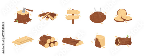 Various wood logs and timber elements, including stumps, planks, and signs, lumber vector set
