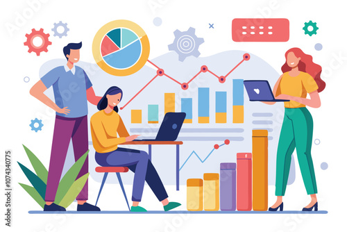 Team members input data related to trends and flat metrics while working collaboratively in an office, Employees input data that is trending or flat.