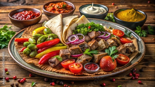 Indulge in a delicious shawarma platter featuring fresh pita, tangy pickles, and creamy sauce, perfect for Middle Eastern cuisine fans and food lovers.