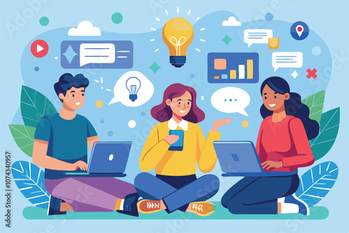 Three employees share creative ideas using laptops and discussing in a vibrant workspace environment, Employees share ideas using laptops, illustrated in a flat style.