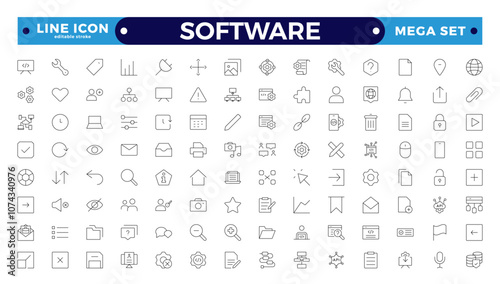 Software Outline icon set. Contains linear outline icons like Web Development, Code, Website, Cloud, App, Data, Software, Algorithm, Api, Build, Program. Editable stroke outline icon.