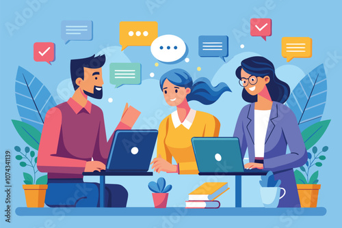 Three employees are collaborating around laptops, discussing ideas and sharing insights in a vibrant office, Employees talking in front of laptops, flat illustration.