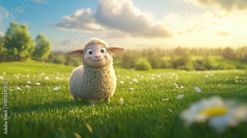 Wallpaper Mural Fluffy Cartoon Sheep in Vibrant Green Field Torontodigital.ca