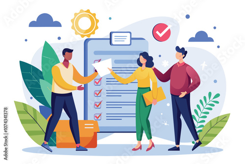 Three employers discuss and finalize a contract while surrounded by greenery and blue skies, Employers agree to the contract with a flat illustration.