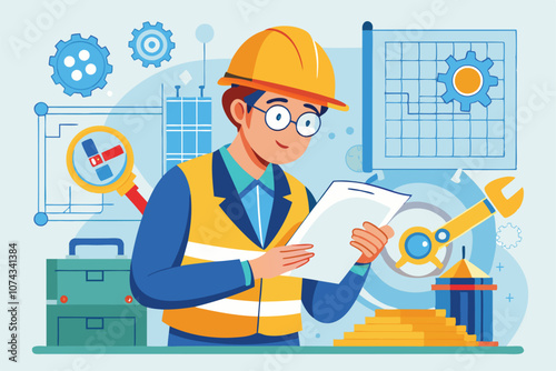 An engineer reviews a faulty illustration while surrounded by tools and design elements in the workshop, Engineer discovers a faulty illustration.