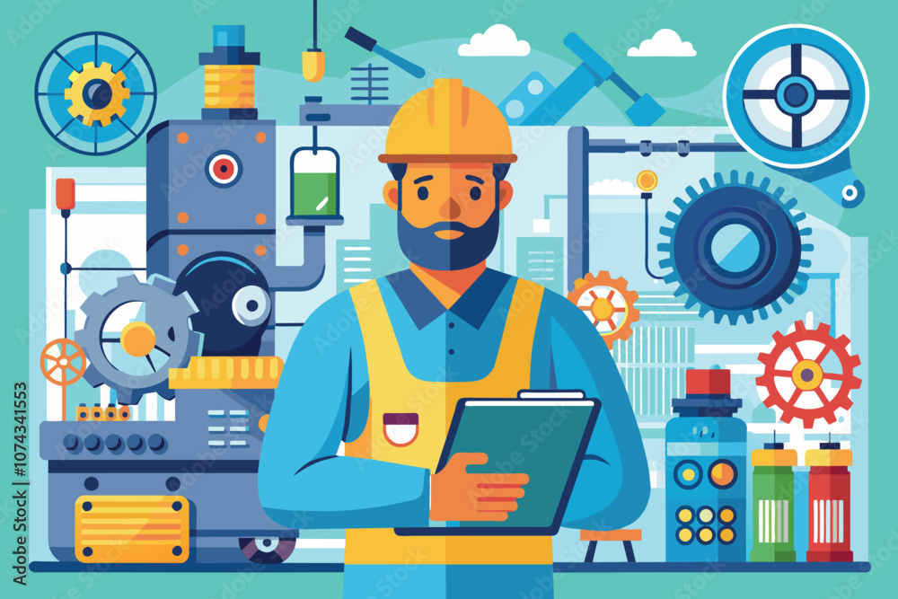 An engineer assesses machinery performance while developing efficient solutions in a factory environment, Engineer maintains machines and provides solutions. An engineer assesses machinery performance while developing efficient solutions in a factory environment, Engineer maintains machines and provides solutions.