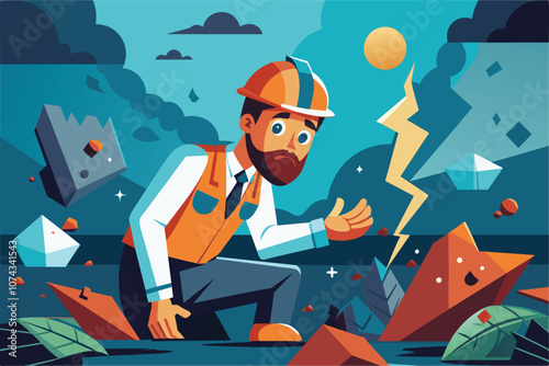 An engineer inspects a faulty illustration at a geological site, concerned about the surrounding elements, Engineer discovers a faulty illustration.