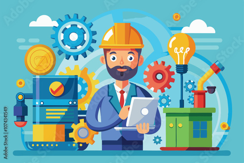 An engineer utilizes technology to maintain machinery and brainstorm creative solutions in a workshop, Engineer maintaining machines, providing ideas and solutions, flat illustration.