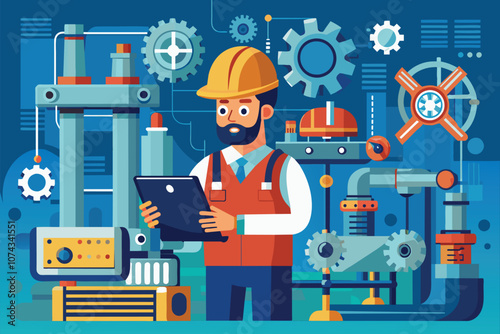 An engineer uses a tablet to oversee machine performance and implement effective solutions in a workshop, Engineer maintains machines and provides solutions.