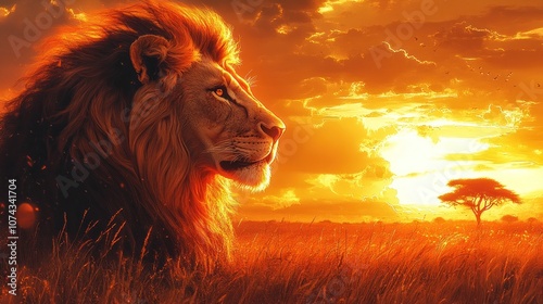 A majestic lion stands against a fiery sunset in the African savanna. photo