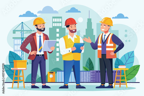 Three engineers engage in a constructive conversation about construction challenges at a job site, Engineers discussing construction problems, flat illustration.