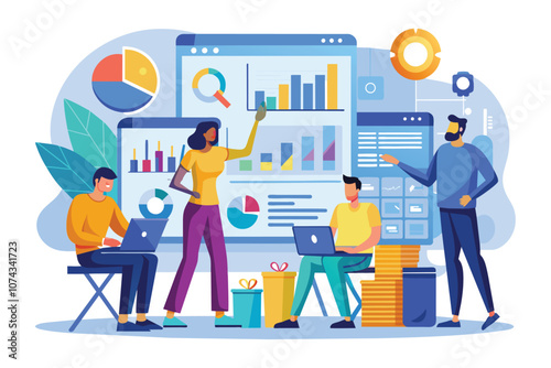 A group of engineers collaborates on data analysis, presenting findings on screens in a contemporary setting, Engineers analyze large amounts of data using simple visuals.