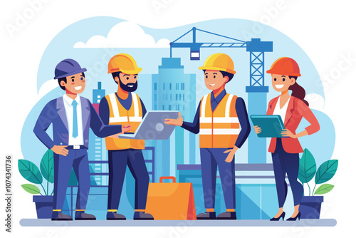 A group of engineers evaluates construction challenges while discussing solutions outdoors in the city, Engineers discussing construction problems, flat illustration.